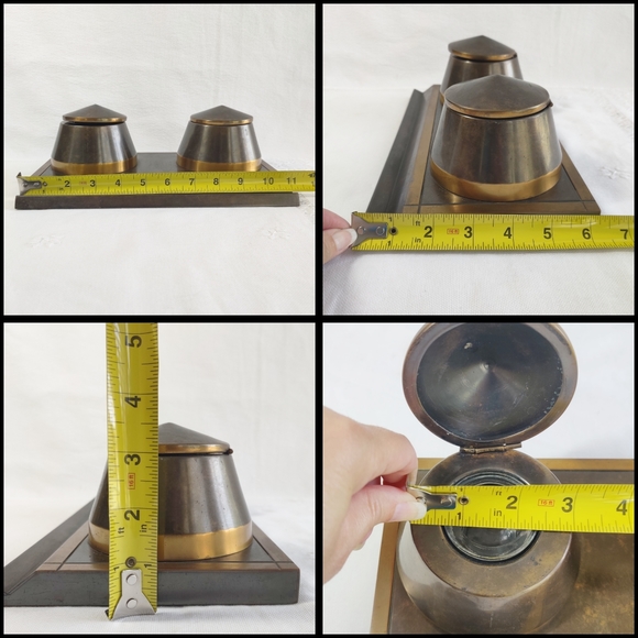 Vintage SilverCrest Decorated Bronze Double Inkwell & Notepad Holder, Art Deco - Picture 10 of 16